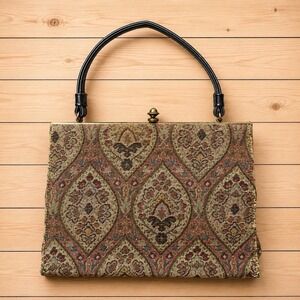 Antique Tapestry Frame Handbag Floral Carpet Bag Brass Frame Black Handle VTG[A1